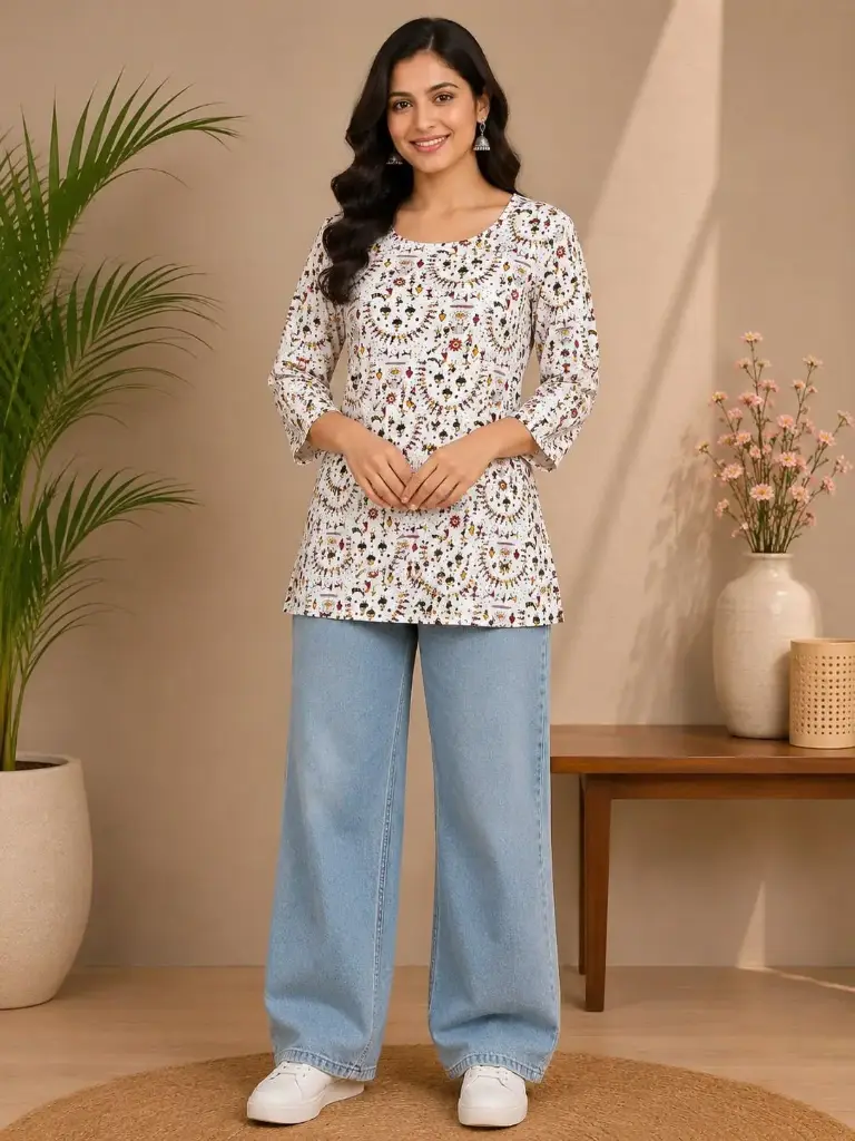 White mandala print short kurti, premium kurtis starting from 89 rupees