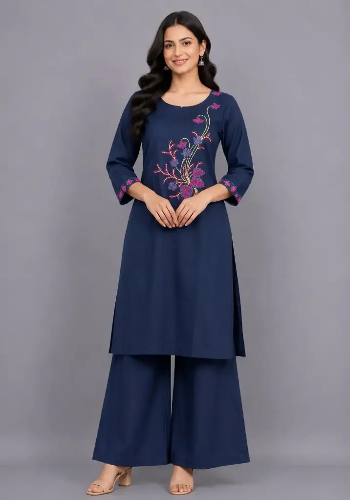 Navy blue embroidered kurti with palazzo, 2 piece set