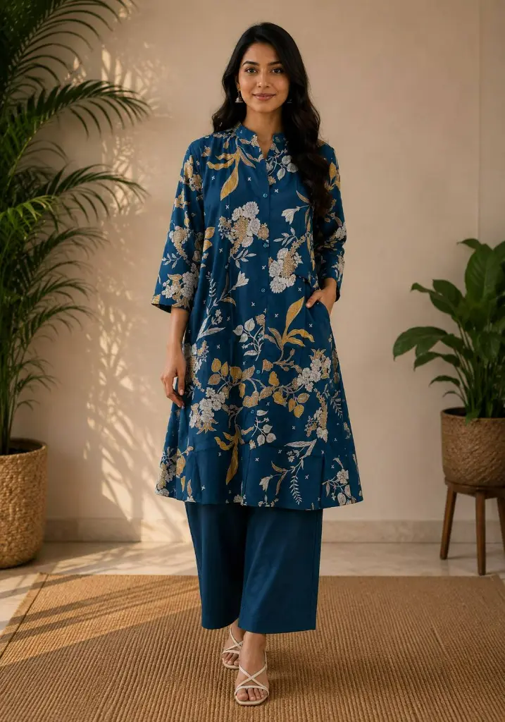 Teal floral printed co-ord shirt-dress, fast-moving co-ord set for boutique stores