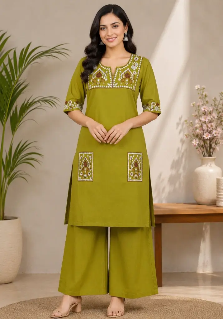 Olive green embroidered kurti with palazzo, 2 piece set starting from 220 rupees