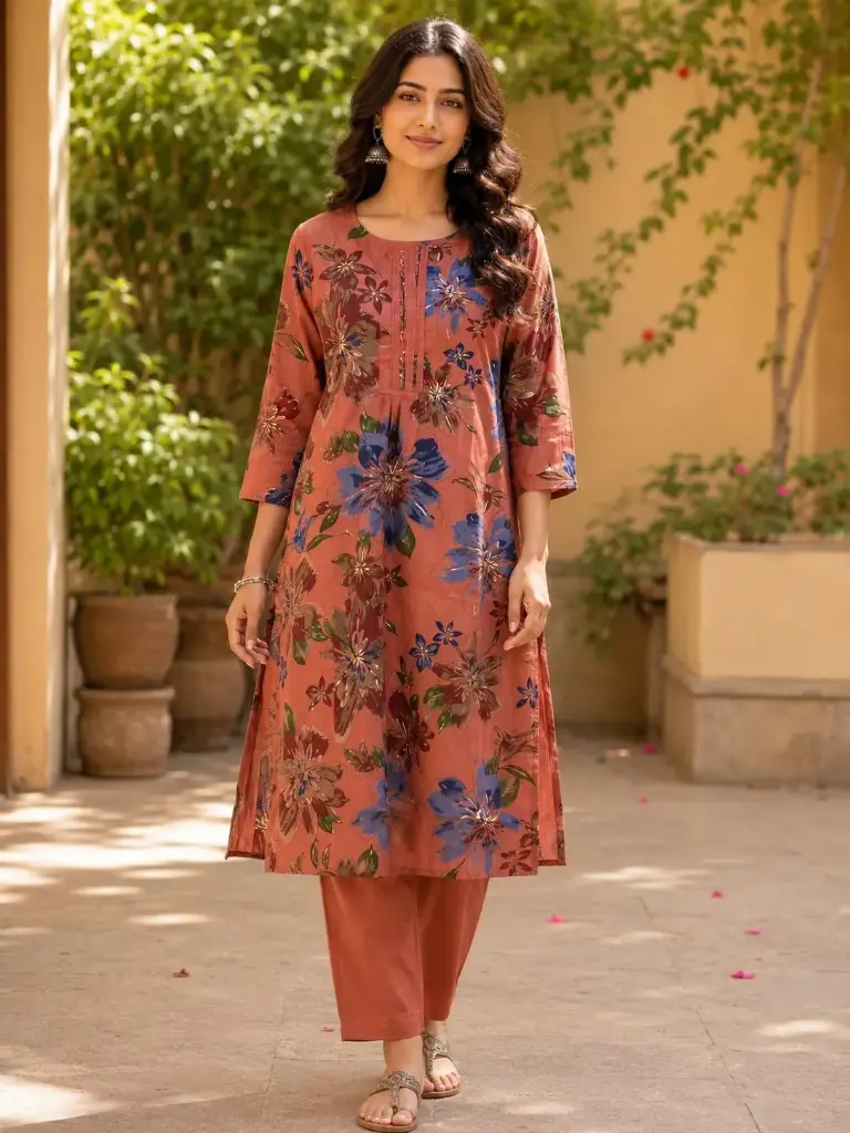 Rust floral printed co-ord kurti and pants set