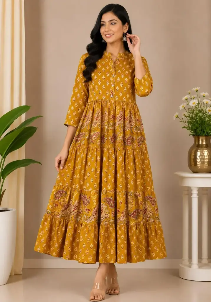 Mustard tiered maxi dress with paisley print panels