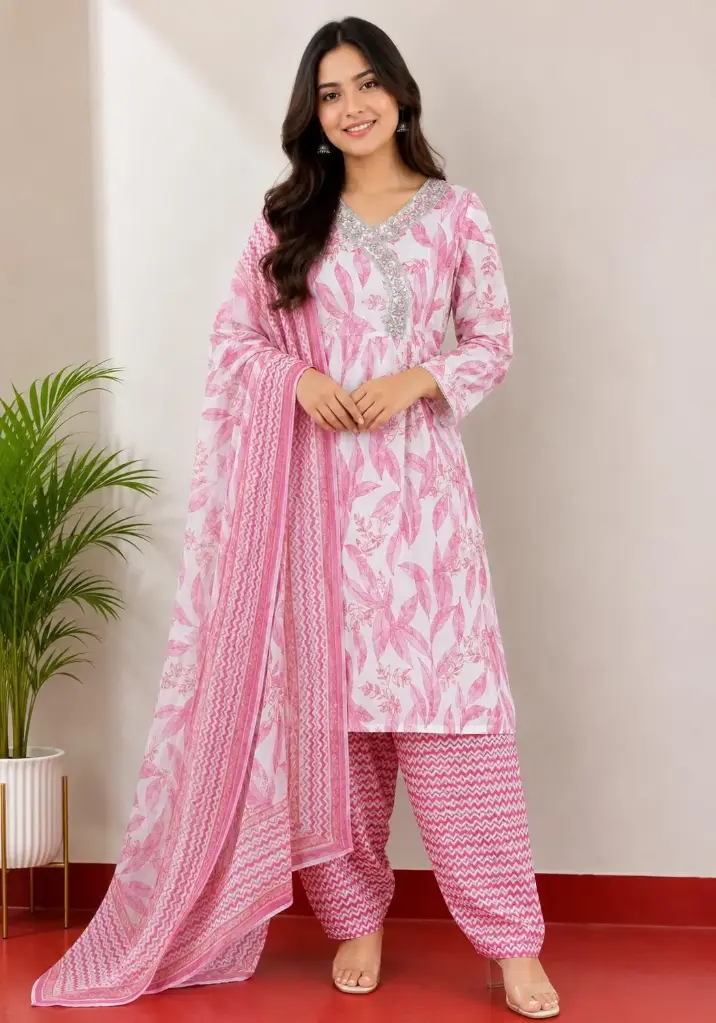 Pink and white leaf print 3 piece suit with dupatta, starting from 327 rupees
