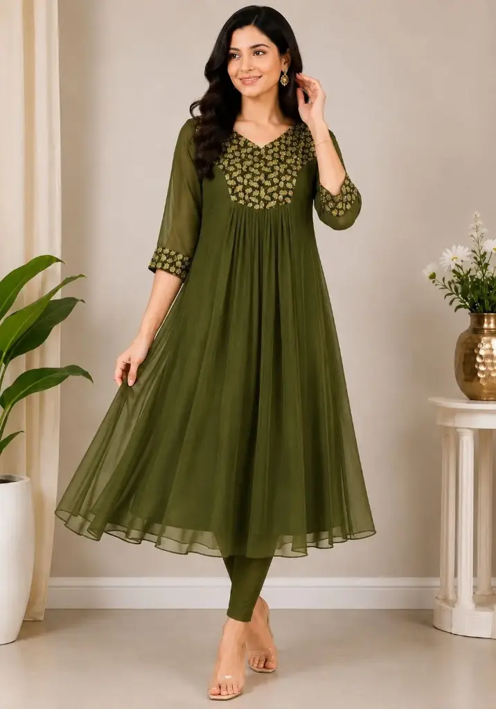 Olive green georgette anarkali kurti with embroidered yoke