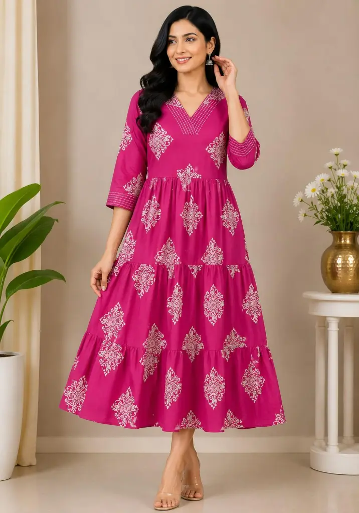 Rani pink tiered maxi dress with white block print