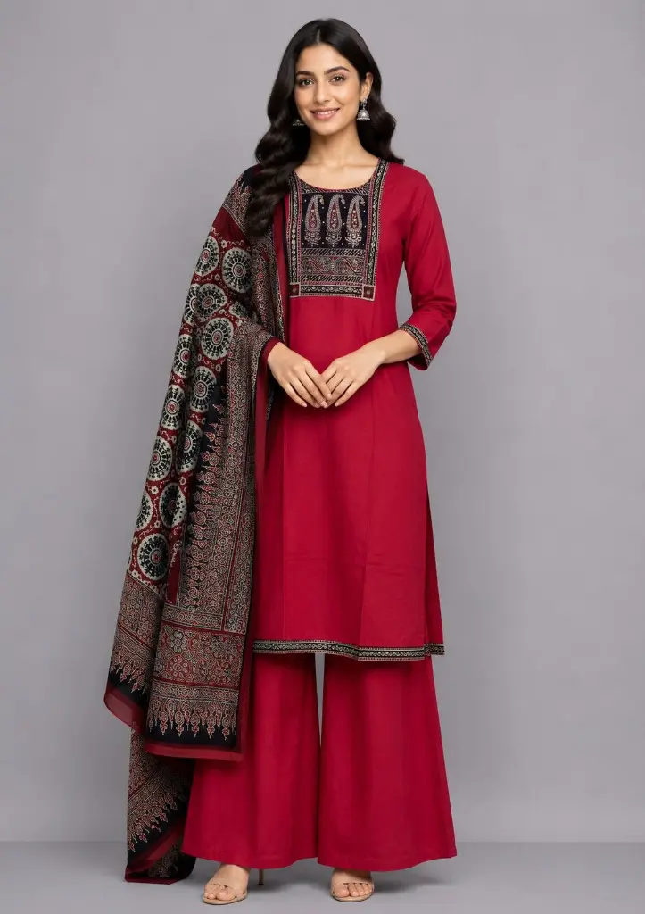 Red embroidered 3 piece suit with printed dupatta