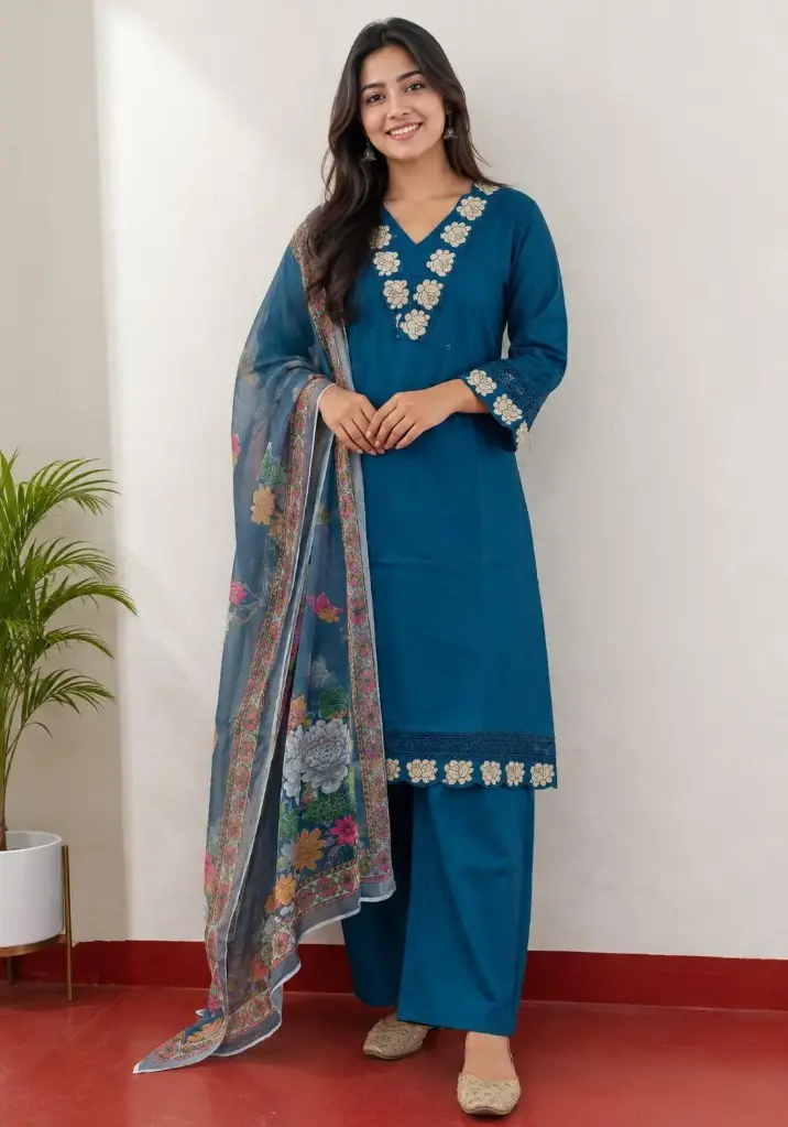 Teal embroidered 3 piece suit with floral printed dupatta